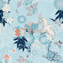 Obrazy i plakaty Kimono background with crane and flowers
