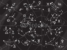 Fototapety XII Constellations of Zodiac and Its Planets the Sovereigns. Astrological Celestial Chart. 