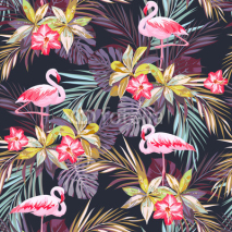 Naklejki Tropical summer seamless pattern with flamingo birds and exotic plants